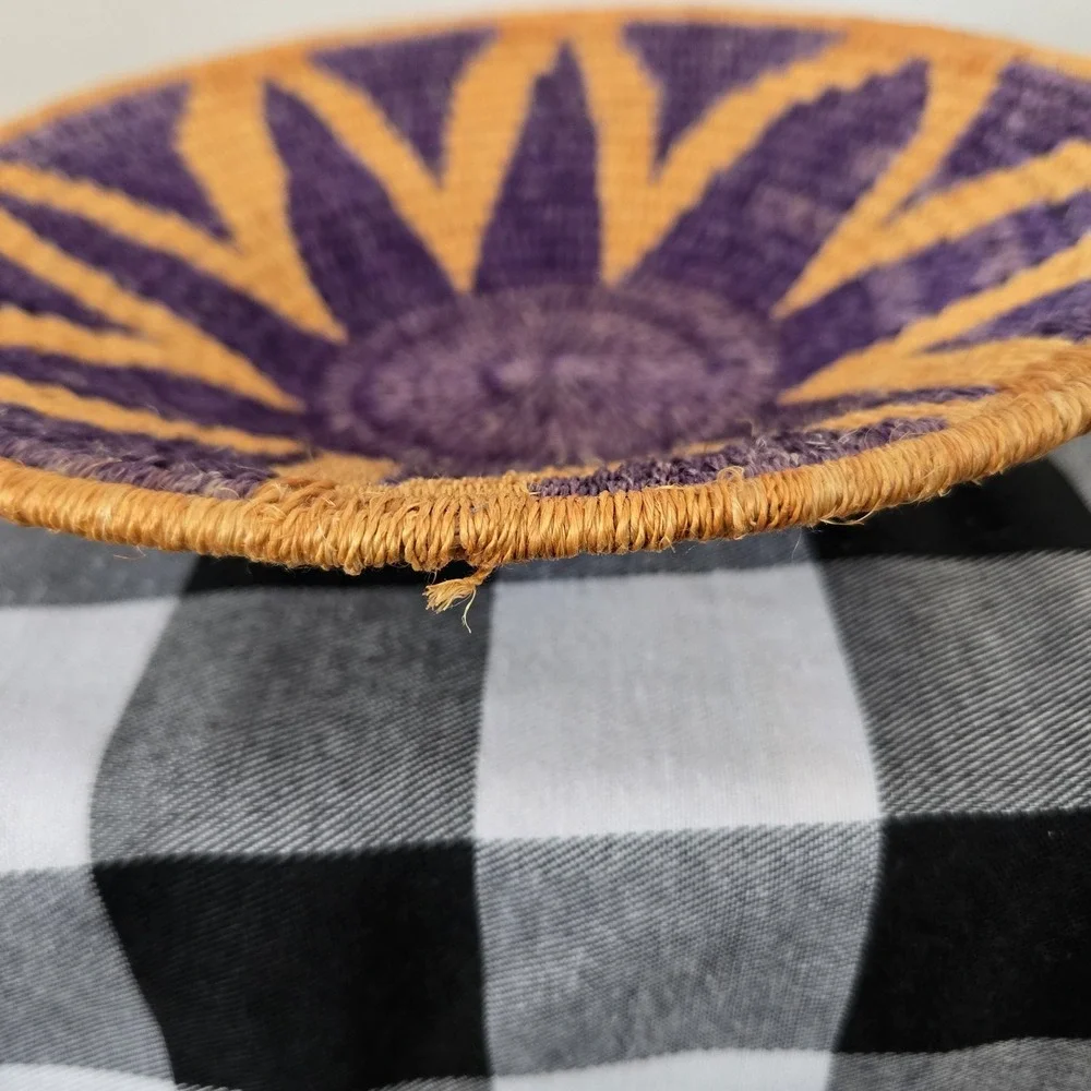 Handmade Woven Grass Basket Bowl Vibrant Design Wall Art Tabletop Purple Tan Art